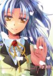  blazer blue_hair hands kitanti long_hair school_uniform silver_hair smile tachibana_kanade waving yellow_eyes 