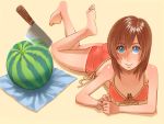  bikini blue_eyes brown_hair feet food fruit higurashi_no_naku_koro_ni ryuuguu_rena swimsuit watermelon zenkou 