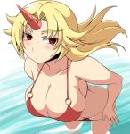  blonde_hair breasts horn hoshiguma_yuugi huge_breasts kara_age ocean swimsuit touhou undressing 