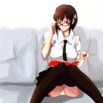  blue_eyes book brown_hair er_(artist) evangelion:_2.0_you_can_(not)_advance glasses hairband knees_touching legs_up makinami_mari_illustrious necktie neon_genesis_evangelion panties pantyshot pantyshot_sitting reading rebuild_of_evangelion school_uniform sitting skirt smile solo taut_shirt thigh-highs thighhighs underwear white_panties 