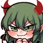  1girl :3 blush demon_girl demon_horns demon_tail emoticon green_eyes green_hair horns igarashi_futaba_(shiromanta) lowres medium_hair necktie office_lady panqlao ponytail senpai_ga_uzai_kouhai_no_hanashi solo tail wavy_mouth 