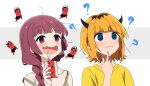  2girls :3 @_@ absurdres alcohol_carton bare_shoulders blonde_hair blue_eyes blush bocchi_the_rock! braid closed_mouth collarbone commentary demon_horns drinking_straw drooling drunk earrings finger_to_own_chin goumonsha highres hime_cut hiroi_kikuri horns jewelry long_hair memcho mouth_drool multiple_girls open_mouth oshi_no_ko purple_hair shadow shirt short_hair spaghetti_strap stud_earrings sweatdrop trait_connection upper_body violet_eyes white_background yellow_shirt 