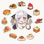  1girl absurdres asymmetrical_bangs bird black_ribbon blush burger chicken food fork girls_frontline glutton grey_hair gun hair_ornament hair_ribbon highres holding holding_fork holding_knife italian_flag kaede6767 knife long_hair looking_at_viewer open_mouth pump_action red_eyes ribbon saliva shotgun simple_background smile solo spas-12 spas-12_(girls&#039;_frontline) twintails weapon 