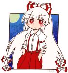  blunt_bangs blush_stickers bow bright_pupils closed_mouth collared_shirt commentary_request fujiwara_no_mokou full_moon galvez hair_bow hands_in_pockets long_hair looking_at_viewer moon night pants red_eyes red_pants shirt suspenders torn_clothes torn_shirt touhou twitter_username very_long_hair white_hair white_pupils white_shirt 