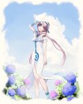  1girl aria aria_company_uniform artist_request boots bush clouds cloudy_sky dress fingerless_gloves flower gloves green_eyes hair_tubes hat highres long_hair looking_at_viewer mizunashi_akari pink_hair shirt short_hair_with_long_locks sidelocks sky solo 