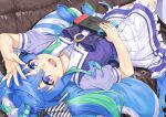  1girl :d animal_ears arm_up blue_eyes blue_hair commentary_request couch frilled_skirt frills green_hair hair_between_eyes heterochromia holding horse_ears horse_girl horse_tail looking_at_viewer miri_(ago550421) multicolored_hair nintendo_switch on_couch pillow pleated_skirt puffy_short_sleeves puffy_sleeves purple_shirt ringed_eyes school_uniform shirt short_sleeves skirt smile solo tail thigh-highs tracen_school_uniform twin_turbo_(umamusume) twintails two-tone_hair umamusume violet_eyes white_skirt white_thighhighs 