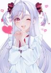  1girl absurdres ahoge black_bow bow dress grey_hair hair_bow heart highres niizuma_yae oji_(zeit_ff5f00) one_eye_closed open_mouth pink_eyes simple_background smile solo two_side_up white_background white_dress world_dai_star 