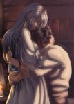  1boy 1girl arms_around_waist artist_name beard black_hair book bookshelf braid clive_rosfield closed_eyes couple crying dress emyrkgk facial_hair final_fantasy final_fantasy_xvi fire grey_hair hair_ribbon happy_tears head_hug head_on_head head_rest highres hug indoors jill_warrick long_hair multiple_braids ribbon scar scar_on_face shirt signature tears very_long_hair white_dress white_shirt 