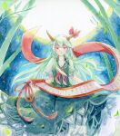  1girl bamboo bamboo_forest bow collared_dress commentary_request dress ex-keine forest full_moon green_dress green_hair holding holding_scroll horn_bow horn_ornament horns kamishirasawa_keine long_hair looking_at_viewer moon nature outdoors painting_(medium) red_bow red_eyes scroll short_sleeves single_horn solo touhou traditional_media watercolor_(medium) yanagise 