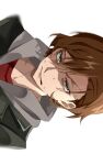  1boy blue_eyes bungou_stray_dogs green_jacket grey_hoodie highres hood hoodie jacket long_hair looking_at_viewer male_focus nakahara_chuuya nervous nervous_sweating open_mouth orange_hair parted_bangs red_shirt shirt short_hair sidelocks simple_background solo sweat sweatdrop upper_body user_wjpu7573 v-shaped_eyebrows white_background 