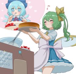  +_+ 2girls apron ascot blue_bow blue_dress blue_eyes blue_hair blush bow cake cirno closed_mouth commentary_request cooking daiyousei dress eighth_note fairy fairy_wings food green_hair hair_bow highres ice ice_wings imagining long_hair mikan_(manmarumikan) multiple_girls musical_note shirt short_hair short_sleeves side_ponytail smile touhou translation_request white_apron white_shirt wings yellow_ascot 