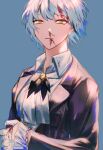  1girl angela_(project_moon) ascot blood blood_on_face blue_background blue_coat blue_hair coat collared_shirt frilled_sleeves frills highres library_of_ruina long_sleeves m_ttl nosebleed parted_lips project_moon shirt simple_background solo upper_body white_ascot white_shirt wing_collar yellow_eyes 