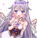  1girl black_corset blush bridal_gauntlets collar colored_inner_hair corset dated detached_collar dress grey_hair hololive hololive_english koseki_bijou long_hair multicolored_hair open_mouth pink_hair shimeism single_bridal_gauntlet smile solo sparkle violet_eyes virtual_youtuber white_bridal_gauntlets white_collar white_dress 