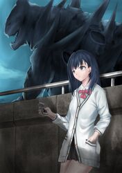  1boy 1girl 1other absurdres against_wall bare_legs black_hair black_skirt blue_eyes bow bowtie cardigan cellphone closed_mouth collared_shirt commentary_request cowboy_shot cropped_legs english_commentary gridman_universe hair_over_shoulder hand_in_pocket hibiki_yuuta highres holding holding_phone kaijuu leaning leaning_back legs_together long_hair looking_ahead miniskirt mixed-language_commentary monster neck_ribbon night night_sky nomadic-cart outdoors parted_bangs phone pleated_skirt railing red_bow red_ribbon redhead ribbon school_uniform shirt sidelocks sitting skirt sky sleeveless sleeveless_sweater smartphone solo ssss.gridman sweater takarada_rikka thighs wall white_cardigan white_shirt 