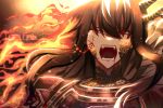  1girl black_scales blood brown_hair crying dragon_horns e.g.o_(project_moon) fangs fire gold_trim horns library_of_ruina long_hair looking_at_viewer m_ttl open_mouth project_moon red_armor red_eyes scales sidelocks slit_pupils solo upper_body very_long_hair xiao_(library_of_ruina) 