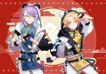  2boys animal_ears black_gloves black_headwear blonde_hair blue_hair blue_shirt chinese_clothes clenched_hands closed_mouth cowboy_shot denka_kumaneko_(project_sekai) fingerless_gloves gloves highres jacket kamishiro_rui long_sleeves multicolored_hair multiple_boys otorrio panda_ears pants project_sekai puffy_long_sleeves puffy_sleeves purple_hair shirt strap streaked_hair tenma_tsukasa white_headwear white_jacket white_pants yellow_eyes yellow_shirt 