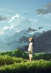  1girl bag black_shorts blue_eyes brown_hair clouds dark_clouds flat_chest food grass green_theme hair_between_eyes highres holding holding_bag holding_food holding_ice_cream ice_cream landscape long_hair looking_ahead low_ponytail on_grass open_mouth original outdoors plastic_bag ponytail potg_(piotegu) shirt short_sleeves shorts sky solo standing sweatdrop white_shirt 