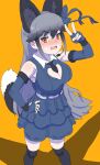  1girl absurdres alternate_costume animal_ears bare_shoulders black_hair black_necktie black_thighhighs blue_gloves blue_shirt blue_skirt blush bow cleavage_cutout clothing_cutout collared_shirt elbow_gloves embarrassed extra_ears fang fingerless_gloves fox_ears fox_girl fox_tail gloves grey_hair hair_between_eyes hair_bow highres kemono_friends kumasyan1998 long_hair looking_at_viewer microphone necktie orange_eyes pleated_skirt shirt sidelocks silver_fox_(kemono_friends) skirt solo sweatdrop tail thigh-highs v zettai_ryouiki 