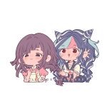  2girls :d apron artist_name bandaged_arm bandages black_eyes black_hair black_sailor_collar black_skirt blush braiding_hair collarbone criis-chan cropped_torso danganronpa_(series) danganronpa_2:_goodbye_despair green_hair hairdressing long_hair mioda_ibuki mole mole_under_eye multiple_girls neckerchief open_mouth pink_hair pink_neckerchief pink_shirt pleated_skirt puffy_short_sleeves puffy_sleeves red_eyes sailor_collar shirt short_sleeves simple_background skirt smile tsumiki_mikan white_apron white_background white_hair white_shirt 