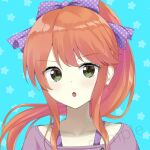  1girl 7_calpis_7 :o blue_background blush bow clip_studio_paint_(medium) collarbone commentary_request floating_hair green_eyes hair_bow long_hair looking_at_viewer orange_hair original parted_lips pink_shirt polka_dot polka_dot_bow ponytail portrait purple_bow sample_watermark shirt simple_background solo starry_background v-shaped_eyebrows 