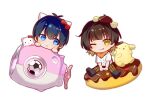  2boys :q animal_ears antenna_hair bachira_meguru blonde_hair blue_eyes blue_hair blue_lock blush brown_hair cat_ears colored_inner_hair hello_kitty hello_kitty_(character) highres isagi_yoichi multicolored_hair multiple_boys one_eye_closed otorrio pompompurin sanrio simple_background smile tongue tongue_out white_background yellow_eyes 