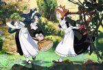  2girls animal_ears apron artist_name black_dress blue_hair brown_hair cat_ears cat_girl cat_tail dress full_body garden happy holding looking_at_another maid multiple_girls original outdoors smile tail umishima_senbon white_apron 