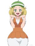  1girl :d beret bianca_(pokemon) blonde_hair green_eyes green_headwear hands_up hat heart_arms kijouyu pokemon pokemon_(game) pokemon_bw short_hair short_sleeves smile solo white_background 