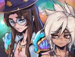  1boy 1girl black_headwear blue_eyes brown_eyes brown_hair glasses hair_between_eyes jewelry league_of_legends long_hair multicolored_background necklace ocean_song_yone phantom_ix_row portrait riven_(league_of_legends) round_eyewear shell_necklace sideways_glance sweat teeth white_hair yone_(league_of_legends) 