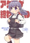  1girl absurdres alternate_hairstyle backpack bag black_socks collared_shirt cowboy_shot dress_shirt highres kantai_collection kitahama_(siroimakeinu831) kyoufuu_all_back_(vocaloid) low_twintails marching medium_hair one-hour_drawing_challenge ooshio_(kancolle) ooshio_kai_ni_(kancolle) parody randoseru shirt short_twintails socks solo text_background twintails twitter_username violet_eyes white_background white_shirt 