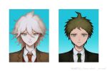  2boys ahoge black_jacket blue_background brown_eyes brown_jacket closed_mouth collared_shirt danganronpa_(series) danganronpa_3_(anime) green_necktie grey_hair hair_between_eyes hinata_hajime hope&#039;s_peak_academy_school_uniform id_photo jacket komaeda_nagito lian_chou_zi_(rotsmell) looking_at_viewer male_focus messy_hair multiple_boys necktie red_necktie school_uniform shirt short_hair smile spiky_hair white_background white_shirt 