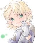  1girl arm_warmers blonde_hair blush brown_shirt closed_mouth commentary green_eyes half_updo looking_at_viewer mizuhashi_parsee pointy_ears rishita scarf shirt short_hair short_sleeves simple_background smile solo touhou upper_body white_background white_scarf 