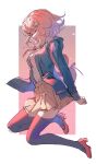  1girl absurdres backpack bag binxngchng1 black_shirt brown_thighhighs danganronpa_(series) danganronpa_2:_goodbye_despair flipped_hair from_side full_body green_jacket hair_ornament highres hood hood_down hooded_jacket jacket medium_hair miniskirt nanami_chiaki open_clothes open_jacket open_mouth pink_background pink_bag pink_footwear pleated_skirt shirt shirt_tucked_in shoes skirt solo spaceship_hair_ornament thigh-highs two-tone_shirt white_background white_shirt 