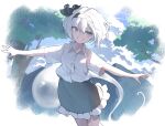  1girl black_hairband collared_shirt commentary_request frilled_skirt frills garasuno ghost green_eyes green_skirt hairband highres konpaku_youmu konpaku_youmu_(ghost) looking_at_viewer outdoors outstretched_arms shirt short_hair short_sleeves skirt smile solo touhou white_hair white_shirt 