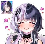  1girl ^_^ black_choker black_hair blush choker closed_eyes collarbone facing_viewer flower grey_hair heart highres hololive hololive_english multicolored_hair pink_flower portrait shibedraws shiori_novella smile solo split-color_hair twitter_username two-tone_hair virtual_youtuber white_background 