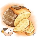  0_0 :&lt; animal artist_name bread chibi chibi_inset closed_mouth commentary food food_focus loaf_of_bread lying no_humans on_back orange_background original sheep signature white_eyes yuki00yo 