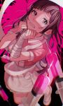  1girl absurdres apron bandaged_arm bandages black_background black_hair blush breasts collared_shirt danganronpa_(series) danganronpa_2:_goodbye_despair hands_up highres large_breasts long_hair mole mole_under_eye nennen_(pixiv14003276) pink_background pink_shirt shirt shoes short_sleeves socks solo syringe tearing_up teeth tsumiki_mikan violet_eyes white_apron 