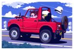  &gt;_&lt; 2boys baseball_cap blonde_hair bucket_hat bush car clouds contrail driving from_side hat hat_removed headwear_removed highres license_plate motor_vehicle ocean original satosio shadow signature sky smile summer suzuki_(company) suzuki_jimny vehicle_focus water white_headwear 