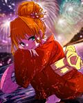  1girl aerial_fireworks blurry blurry_background blush fireworks hair_bun hair_intakes hair_ornament hair_stick hand_fan highres hino_akane_(idolmaster) holding_own_arm idolmaster idolmaster_cinderella_girls japanese_clothes kimono looking_at_viewer looking_to_the_side orange_hair outdoors paper_fan red_kimono signature single_hair_bun smile solo squatting t7474 yukata 