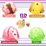  :3 ^_^ animal baskin-robbins chibi chibi_inset closed_eyes closed_mouth commentary dessert dog eating english_text food food_focus food_name happy highres holding holding_food holding_ice_cream ice_cream ice_cream_cone logo no_humans original sheep smile striped striped_background tears white_background yuki00yo 