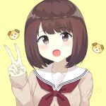  1girl 7_calpis_7 :d breasts brown_background brown_eyes brown_hair brown_sweater clip_studio_paint_(medium) commentary_request hand_up long_sleeves looking_at_viewer nail_polish neckerchief original pink_nails puffy_long_sleeves puffy_sleeves red_neckerchief sailor_collar sample_watermark school_uniform serafuku shirt simple_background sleeves_past_wrists small_breasts smile solo sweater upper_body v white_sailor_collar white_shirt 