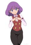  1girl bow bowtie burgundy_(pokemon) heart heart_hands kijouyu long_sleeves looking_at_viewer pants pokemon pokemon_(anime) pokemon_bw_(anime) purple_hair red_vest short_hair simple_background smile standing traditional_bowtie vest violet_eyes 