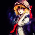 1girl alternate_breast_size alternate_costume blonde_hair breasts closed_mouth collared_shirt dark_background flandre_scarlet hat hat_ribbon highres looking_at_viewer medium_breasts medium_hair mob_cap necktie puffy_short_sleeves puffy_sleeves red_eyes red_necktie red_ribbon ribbon sakumochi_(pixiv4431677) shirt short_sleeves solo touhou upper_body white_headwear white_shirt 