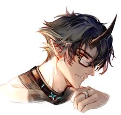  1boy arknights bespectacled black_hair black_shirt bright_pupils collar cropped_shoulders demon_boy demon_horns flamebringer_(arknights) glasses hair_between_eyes hand_on_own_chin horns imoko_(imonatsuki) looking_at_viewer male_focus orange_eyes pointy_ears red_eyes shirt short_hair sideways_glance simple_background solo 