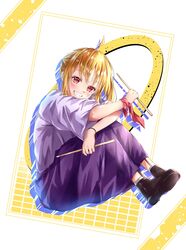  1girl ahoge arms_on_knees blonde_hair bocchi_the_rock! brown_footwear clenched_teeth crossed_arms detached_ahoge drumsticks full_body highres holding holding_drumsticks ijichi_nijika invisible_chair kikugawa_roku long_skirt looking_at_viewer purple_skirt red_eyes red_ribbon ribbon shirt sitting skirt smile solo teeth white_shirt wide_sleeves wrist_ribbon wristband 