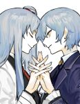  2girls angela_(project_moon) blue_coat blue_hair blue_nails brooch closed_eyes closed_mouth coat collared_shirt dual_persona frilled_sleeves frills jewelry library_of_ruina lobotomy_corporation long_hair multiple_girls necktie nishikujic one_side_up project_moon red_necktie shirt sidelocks simple_background smile very_long_hair white_background white_coat white_shirt wing_collar 