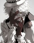  1boy braid bungou_stray_dogs coat collared_coat fur-trimmed_coat fur_trim gloves grey_background hair_between_eyes hand_on_own_face hat highres long_hair long_sleeves looking_at_viewer male_focus nikolai_gogol_(bungou_stray_dogs) nozz177 open_mouth red_gloves sidelocks simple_background single_braid smile solo star-shaped_pupils star_(symbol) star_in_eye symbol-shaped_pupils symbol_in_eye upper_body white_coat white_hair white_headwear 