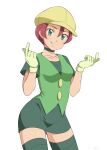  1girl breasts choker cowboy_shot dress georgia_(pokemon) gloves green_choker green_dress green_eyes green_shirt hair_between_eyes hat kijouyu looking_at_viewer pokemon pokemon_(anime) pokemon_(game) pokemon_bw pokemon_bw_(anime) redhead shirt short_sleeves simple_background small_breasts solo standing thigh-highs white_background yellow_headwear 