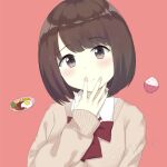 1girl 7_calpis_7 blush bow bowl brown_eyes brown_hair brown_sweater clip_studio_paint_(medium) closed_mouth collared_shirt commentary_request fried_egg hand_to_own_mouth head_tilt long_sleeves looking_at_viewer nail_polish original pink_nails plate puffy_long_sleeves puffy_sleeves red_background red_bow rice rice_bowl sample_watermark school_uniform shirt short_hair simple_background sleeves_past_wrists smile solo sweater upper_body white_shirt 