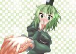  1girl 1other black_headwear blush breasts checkered_background commentary cross-laced_clothes green_background green_eyes green_hair hat holding_hands jewelry juliet_sleeves long_sleeves looking_at_viewer medium_breasts miyabi_hakuro puffy_sleeves ring short_hair soga_no_tojiko solo_focus tate_eboshi touhou upper_body white_background 