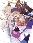  1boy 2girls artoria_caster_(fate) artoria_caster_(second_ascension)_(fate) artoria_pendragon_(fate) beret black_gloves black_pantyhose blonde_hair bouquet butterfly_wings cape closed_eyes crown dress fate/grand_order fate_(series) gloves grey_hair hat highres holding holding_bouquet long_hair morgan_le_fay_(fate) morgan_le_fay_(queen_of_winter)_(fate) multiple_girls oberon_(fate) pantyhose shayubi veil white_dress wings 